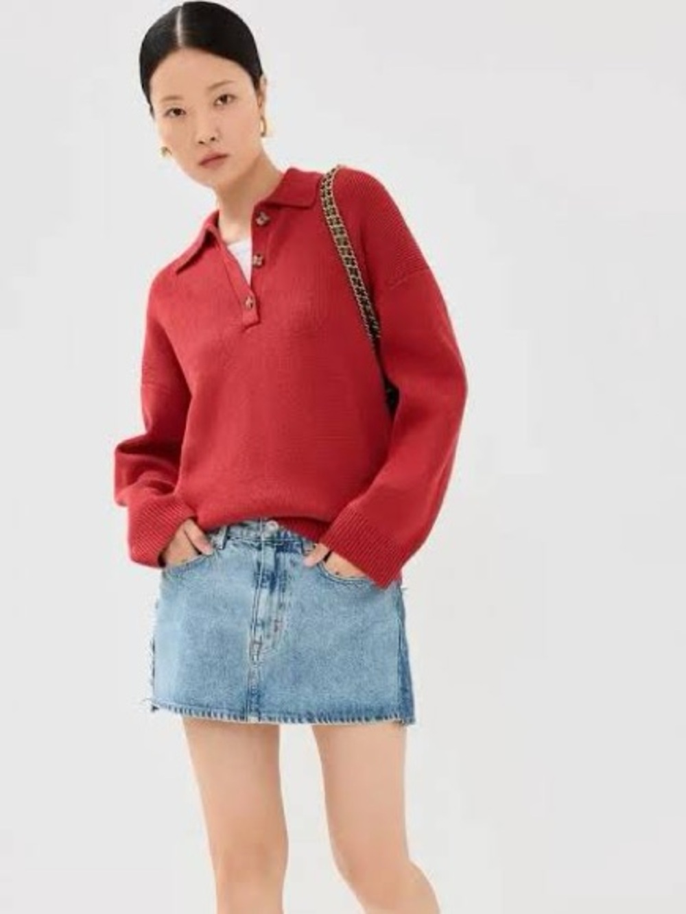 Reformation Brooklyn Red Ribbed Button Polo Sweater - Picture 5 of 6